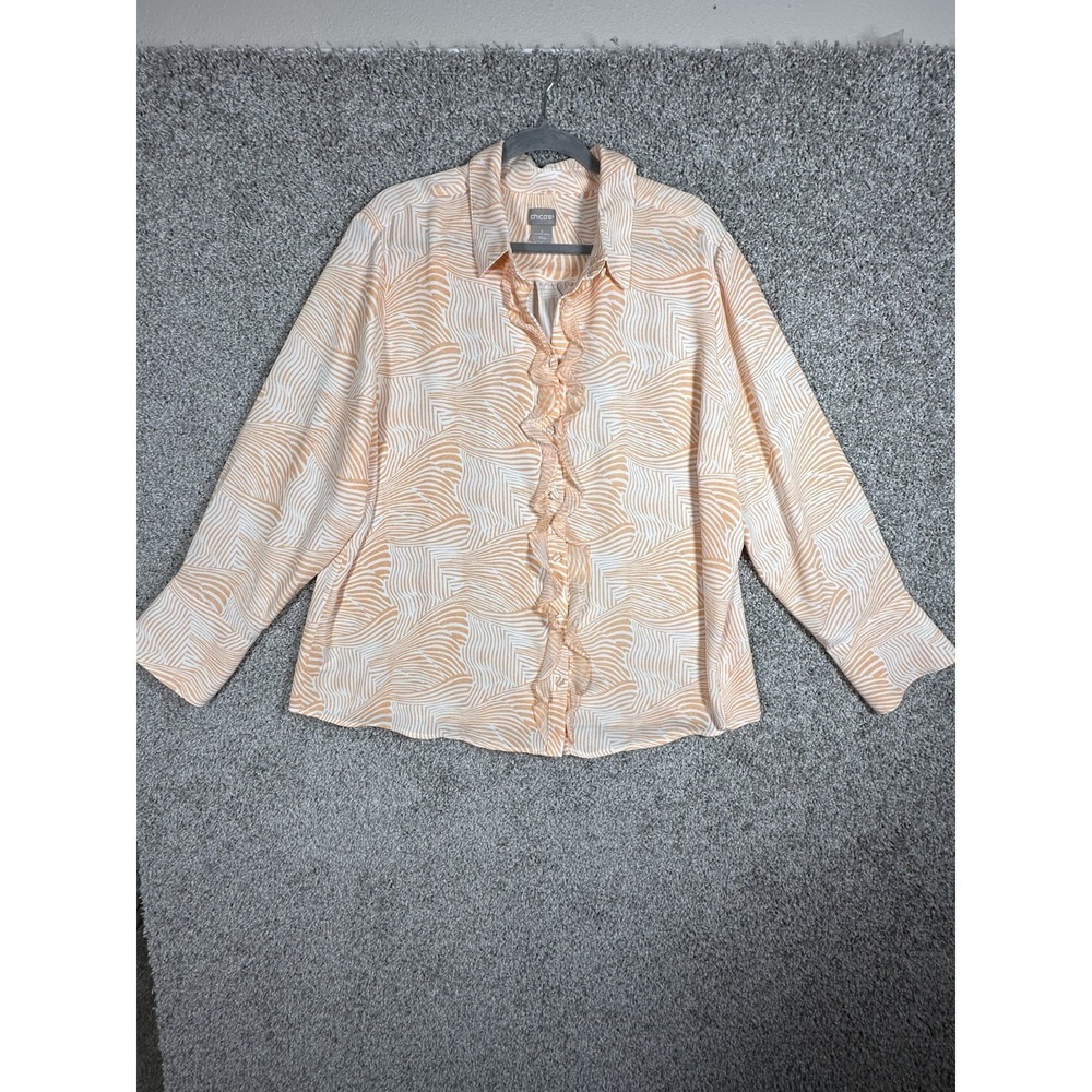 Chico's Mini Ruffle Desert Zebra Peach Quartz Blouse  Sz 4 Pastel Romantic Artsy